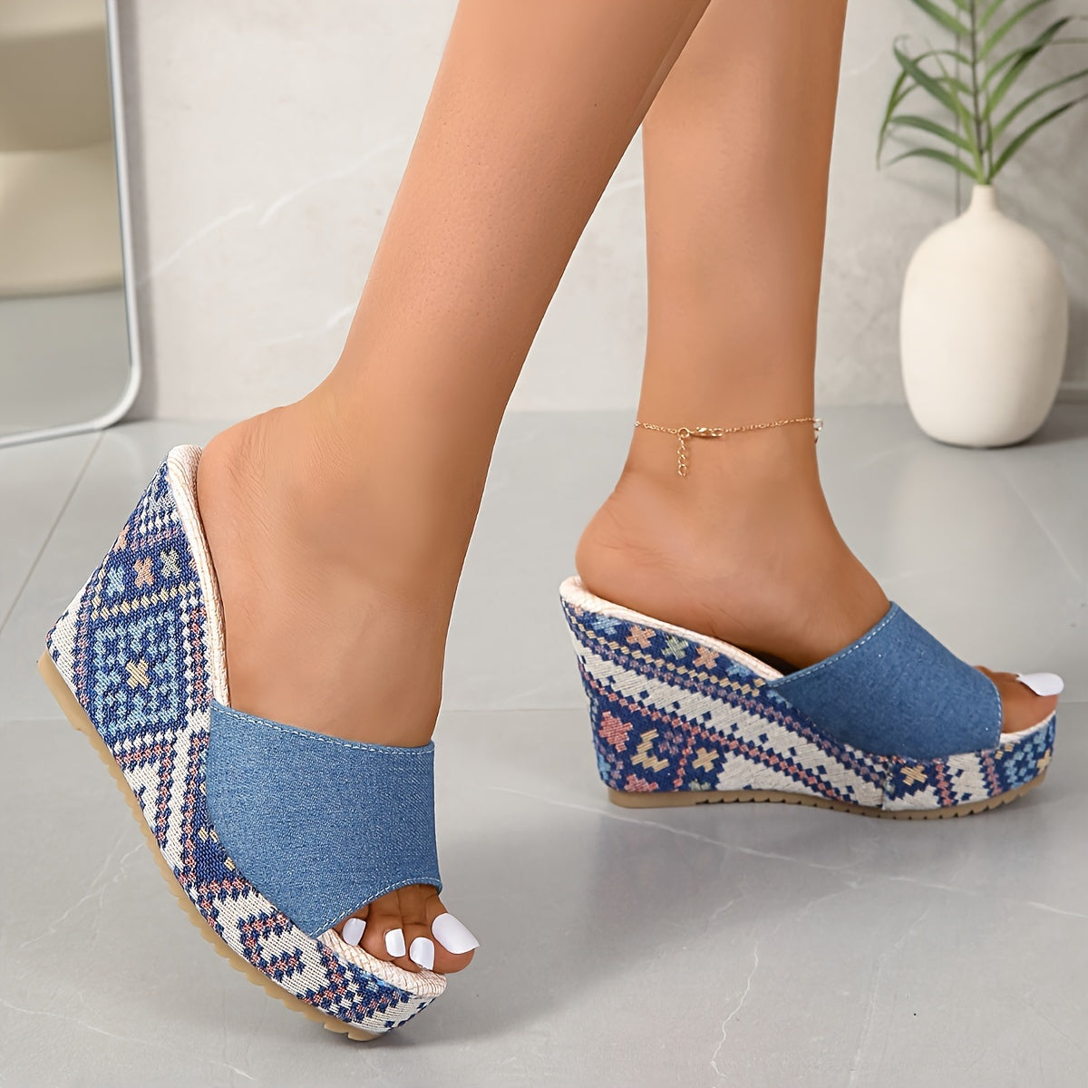 Santorini Folk-Weave Wedge Mule