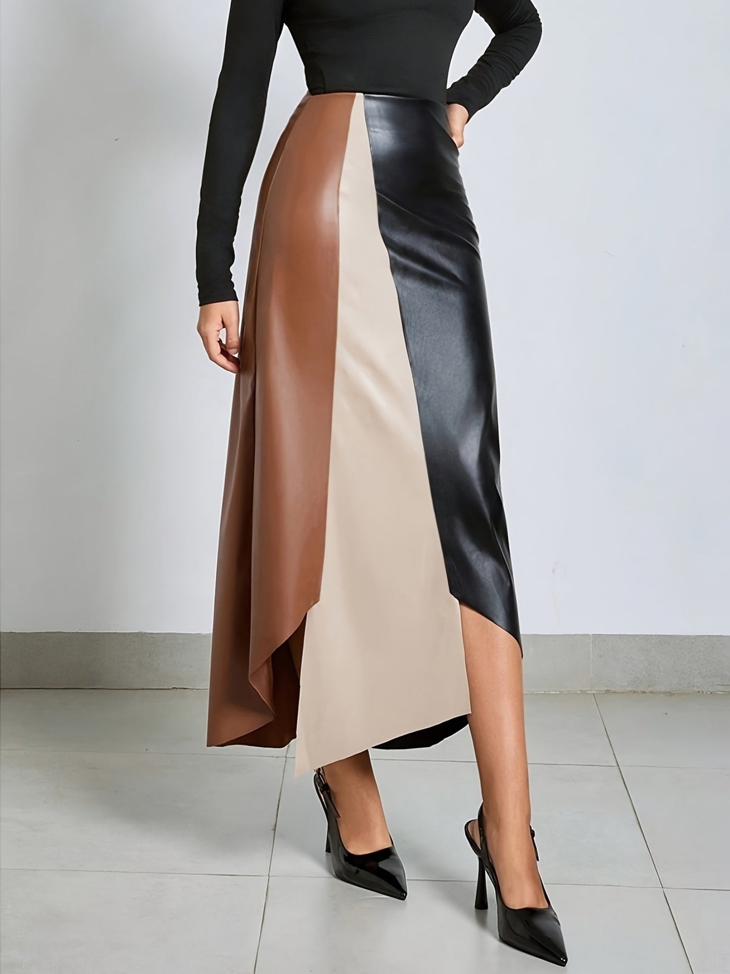 Contour Colorblock Leather Skirt