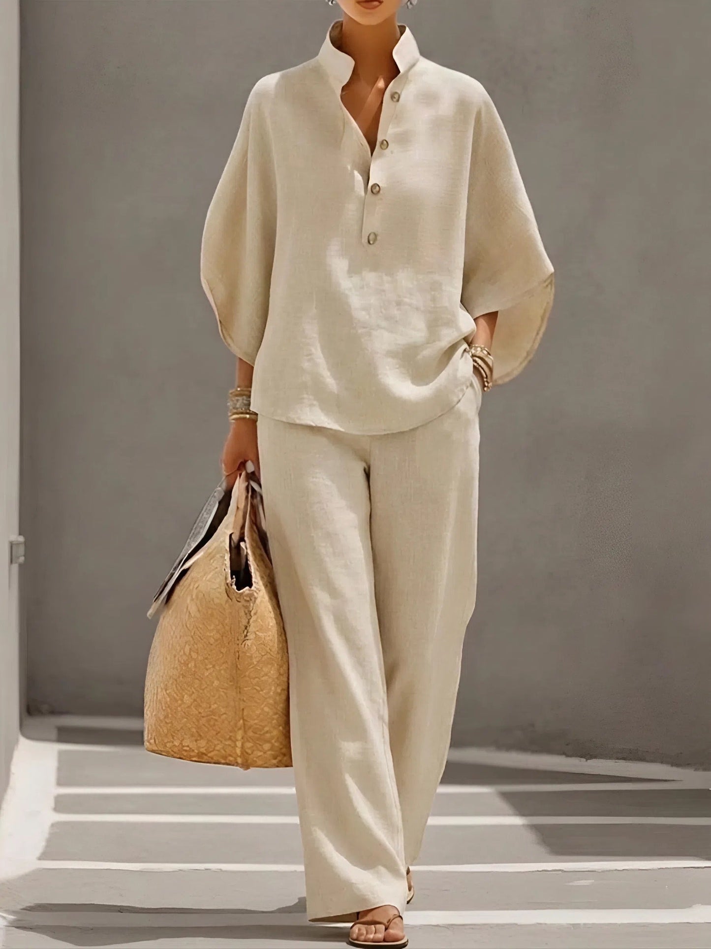 Santorelle Mandarin-Collar Linen Set