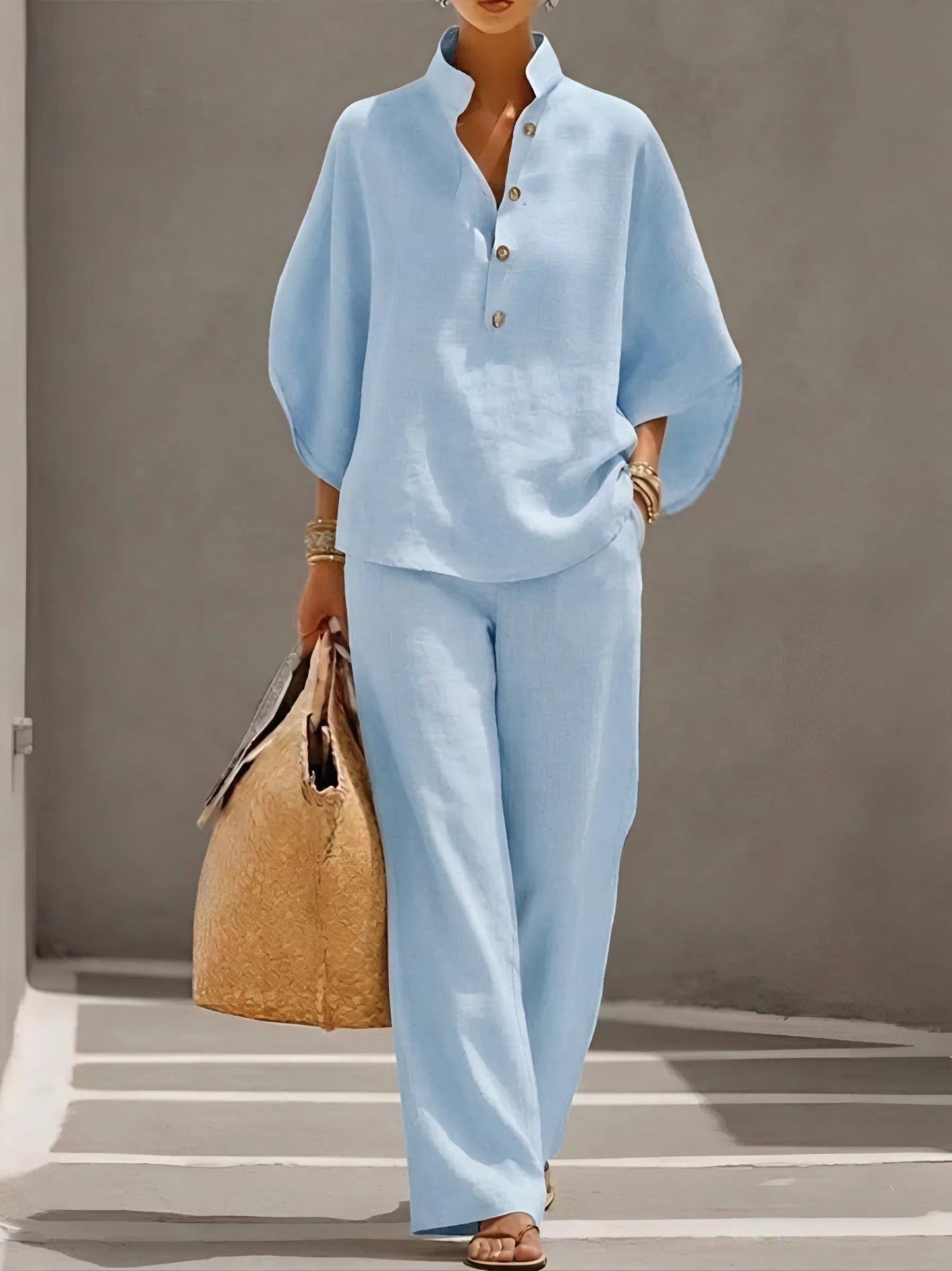 Santorelle Mandarin-Collar Linen Set