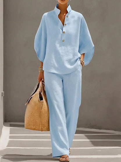 Santorelle Mandarin-Collar Linen Set