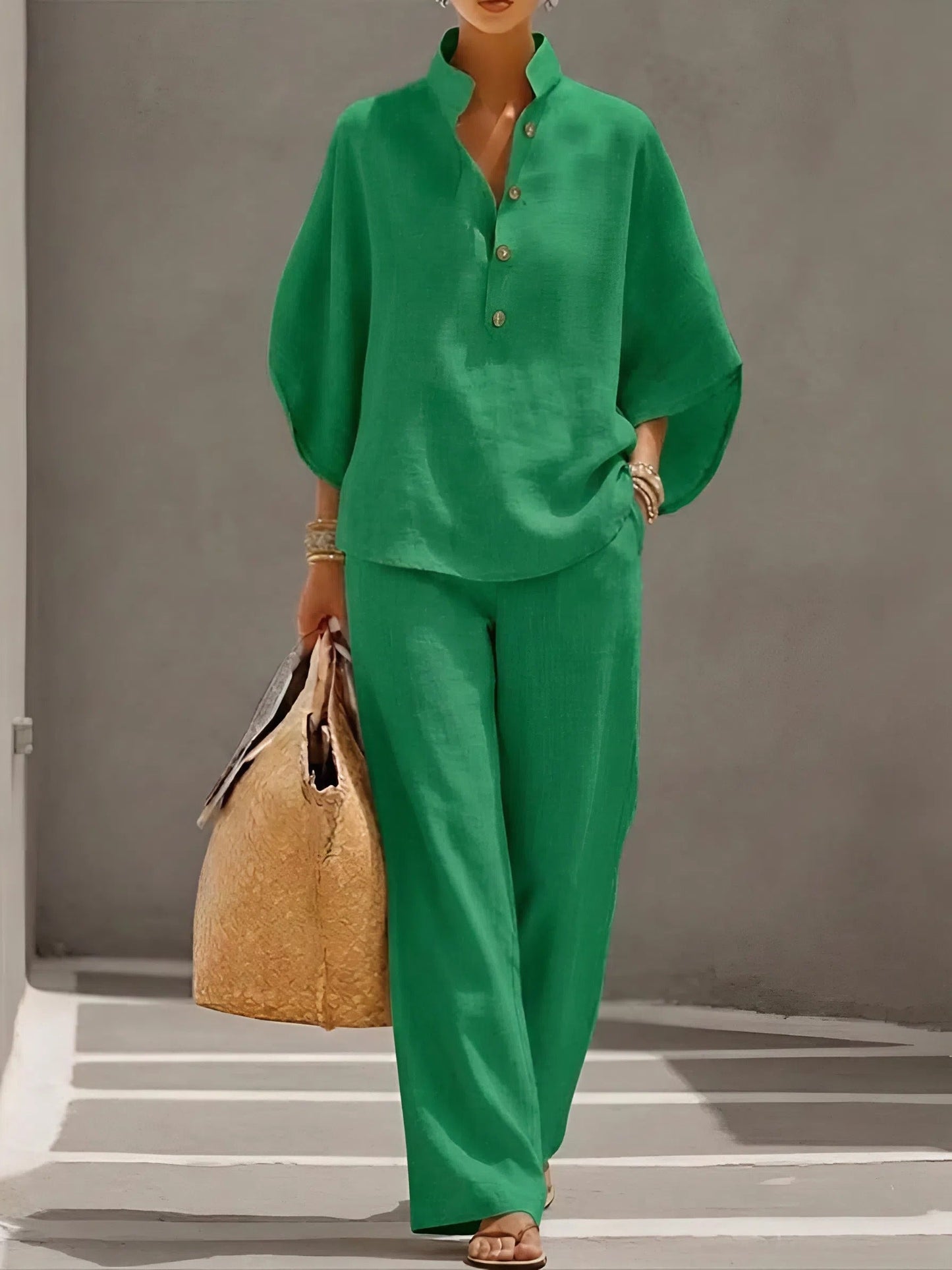 Santorelle Mandarin-Collar Linen Set
