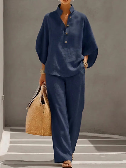 Santorelle Mandarin-Collar Linen Set