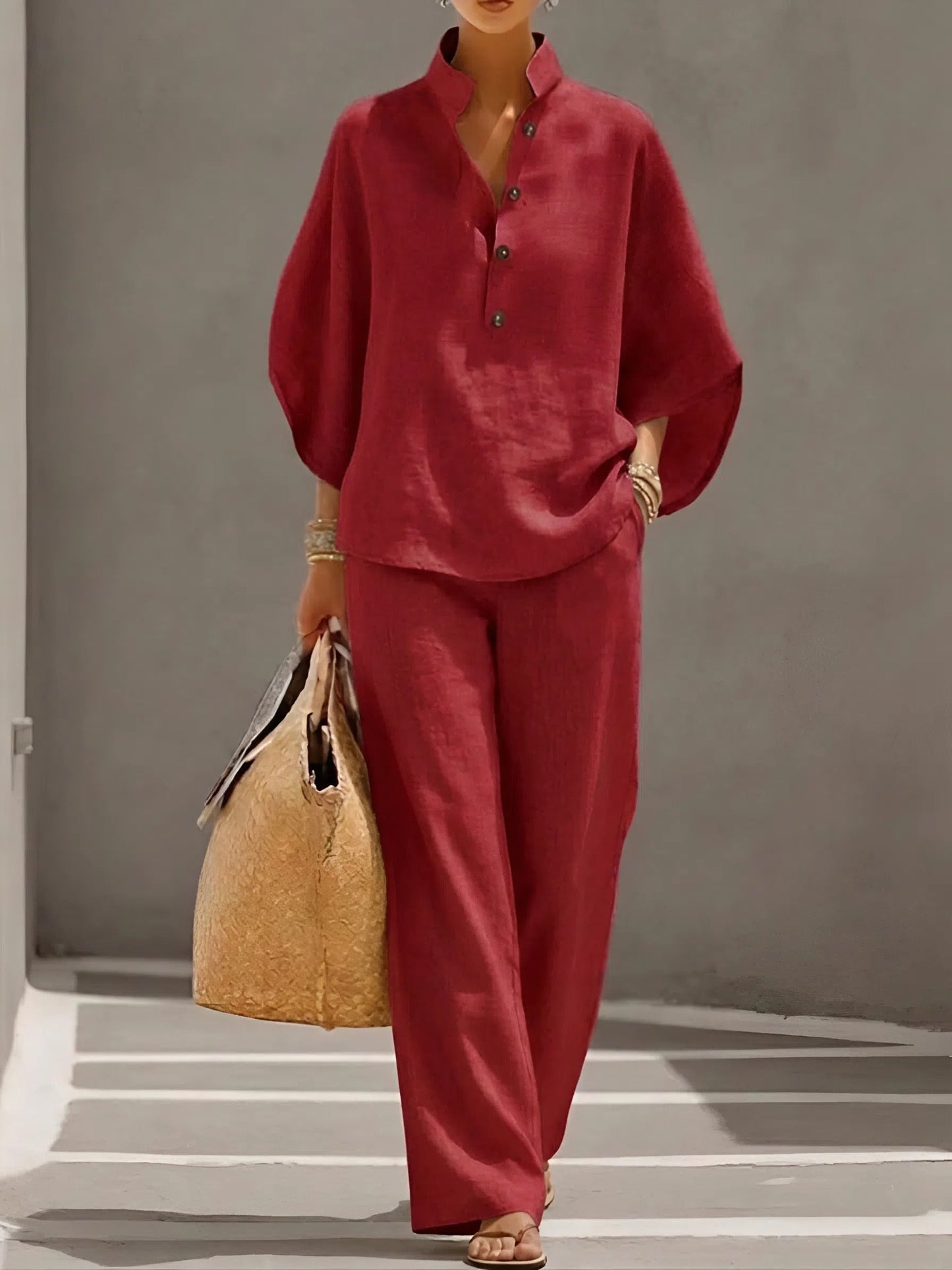 Santorelle Mandarin-Collar Linen Set
