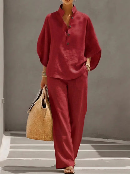 Santorelle Mandarin-Collar Linen Set