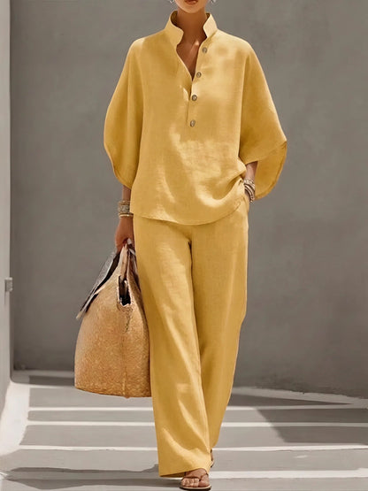 Santorelle Mandarin-Collar Linen Set